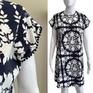 Boden Damask Geometric Floral Print Shift Dress Size 8 Embroidered Ball Trim